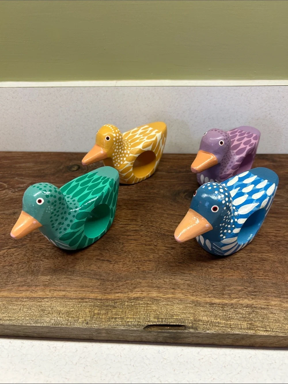 Hand-Painted Wooden Duck Napkin Ring set- Blue, Green, Yellow, Purple